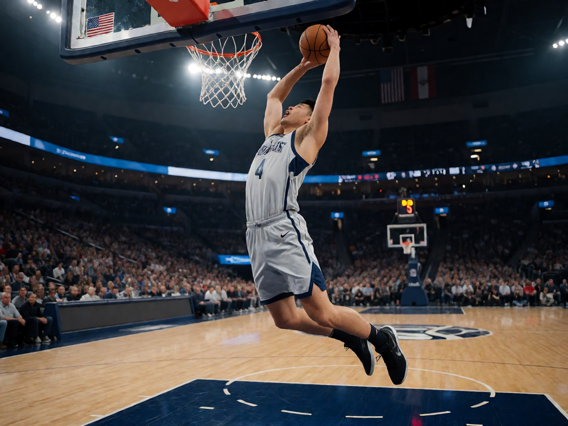 NBA篮球比赛现场，球员在空中扣篮的精彩瞬间