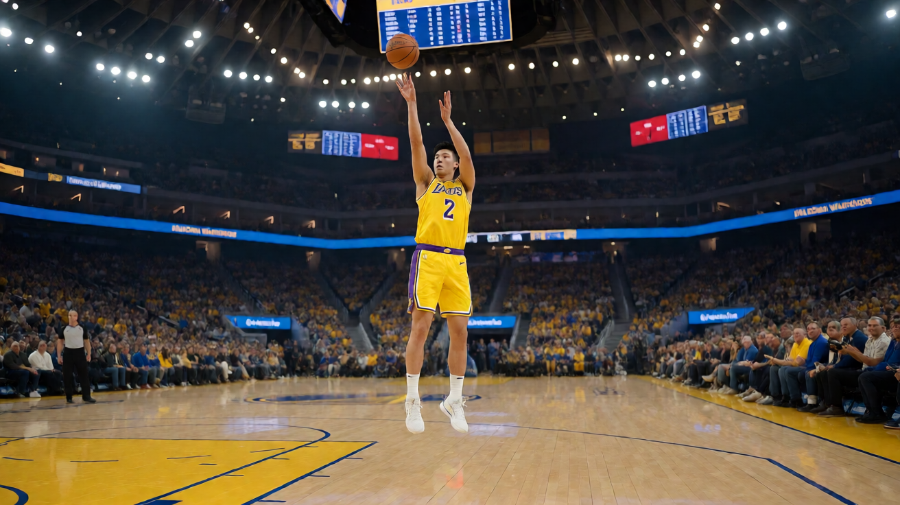 NBA常规赛现场，湖人队球员跳投瞬间